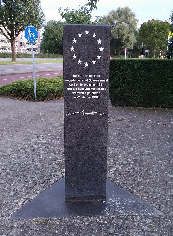 Stone memorial in front of the entry to the Limburg Province government building in Maastricht, Netherlands, commemorating the signing of the Maastric