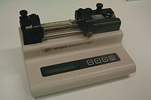 A syringe pump for laboratory use. World Precision Instruments (WPI) SP120PZ. Syringe pump.jpg