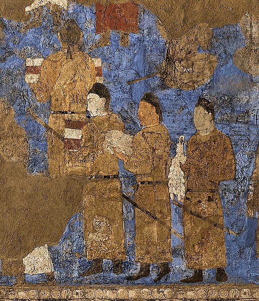 File:Tang Dynasty emissaries at the court of Varkhuman in Samarkand carrying silk and a string of silkworm cocoons, 648-651 CE, Afrasiyab murals, Samarkand.jpg