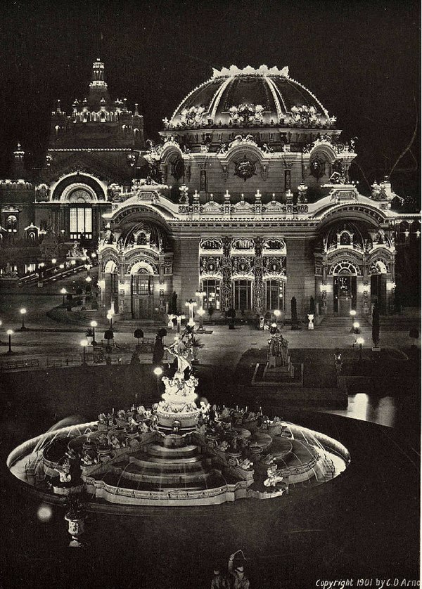 Nighttime photo of electrified Temple of Music.