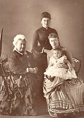 Schwarzweißfoto, das eine Gruppe von drei Frauen zeigt, die von einem kleinen Mädchen begleitet werden.