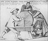 A printed image showing Charles II's nose being held to a grindstone by a Scottish clergyman, with a caption that reads "The Scots holding their young king's nose to the grindstone". In a speech bubble, the clergyman demands "Stoop Charles".