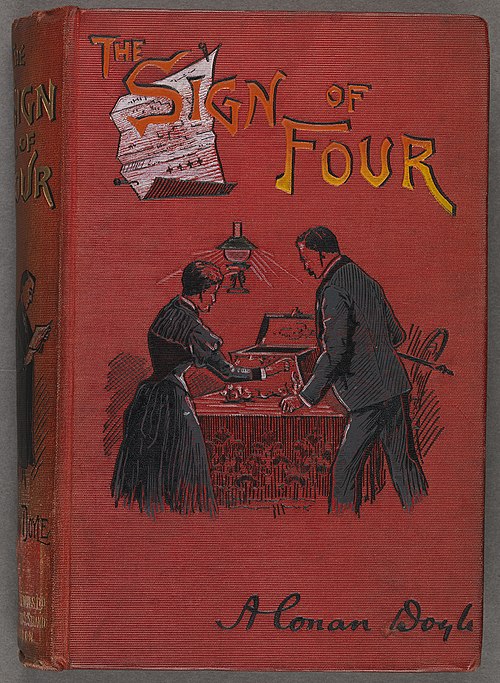 The 1892 cloth-bound cover of The Sign of Four after it was compiled as a single book