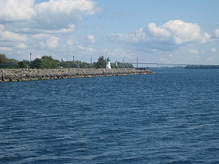 View of Prescott's shoreline looking east towards the Galop Rapids. Fort Wellington was built to protect the head of the Galop Rapids.