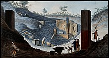 Etching with gouache by Pietro Fabris of the discovery of the Temple of Isis during the early Pompeii excavations (1776) The discovery of the temple of Isis at Pompeii, buried under Wellcome V0025285.jpg