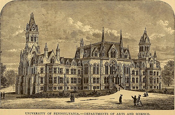 An illustration of Penn's College Hall from a pocket guide to the Centennial Exhibition in 1876