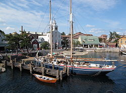 The American Waterfront is themed to resemble the New England fishing village of Cape Cod Tokyo DisneySea American Waterfront Fishing Village 201306.jpg