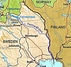 Mapa geográfico de la frontera entre Finlandia y Suecia.