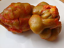 Zha cai is pickled mustard plant stem that originated from Sichuan, China. TwoHeadsZhacai.jpg