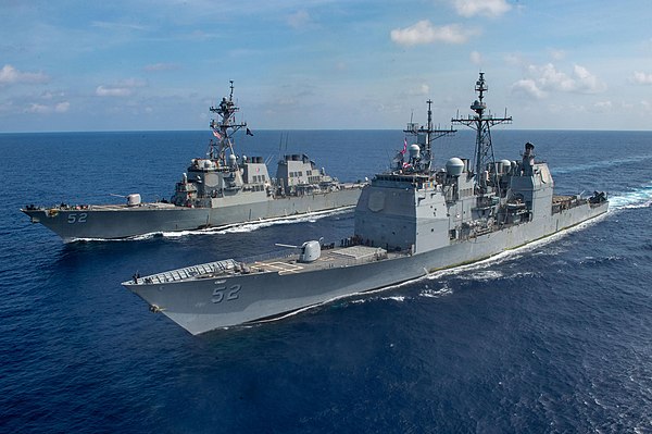 Barry underway in the South China Sea with Ticonderoga-class cruiser USS Bunker Hill, 18 April 2020