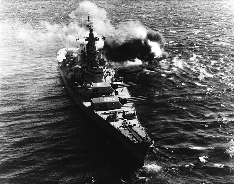 File:USS Iowa (BB-61) firing her 406 mm guns at North Korean coastal defenses in 1952.jpg