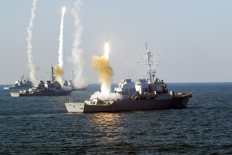 File:US Navy 031200-N-0000X-001 The guided missile cruiser USS Vicksburg (CG 69), and the guided missile destroyers USS Roosevelt (DDG 80), USS Carney (DDG 64) and USS The Sullivans (DDG 68) launch a coordinated volley of missiles d.jpg