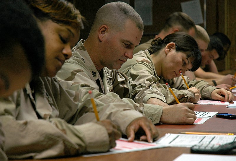 File:US Navy 080210-N-7367K-005 Seabees with U.S. Naval Mobile Construction Battalion (NMCB) 15, Task Force Sierra, prepare to take their advancement exams.jpg