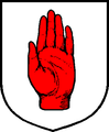 Arms of O'Neill (King of Ulster, Prince of Tyrone): Argent, a sinister hand couped at the wrist affrontée gules (w:Red Hand of Ulster (with sinister hand))