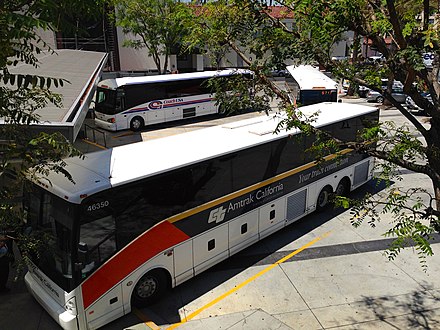 Buses at the Amtrak Thruway Motorcoach boarding area of Los Angeles Union Station.