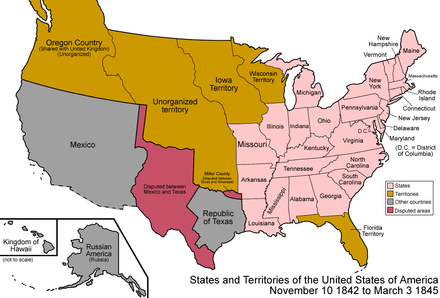 The boundaries of the United States and neighboring nations as they appeared in 1843