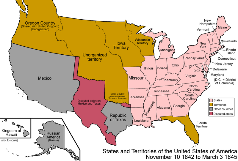 Historical U.S. map, 1843. Most of the eastern states have been established, while the western half remains loosely divided into territories. Mexico and the Republic of Texas share a disputed border.