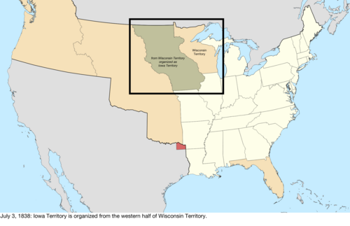 Map of the change to the United States in central North America on July 3, 1838