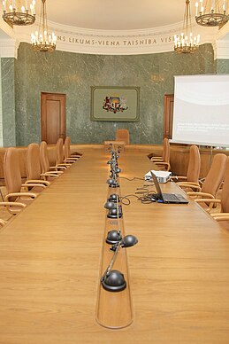 Meeting room of the Government of Latvia in the Palace of Justice Valsts Kancelejas direktore Elita Dreimane pec remota atklaj MK Zalo zali (5732703359).jpg