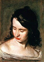 Oil painting of woman with head tilted down, possibly with eyes closed