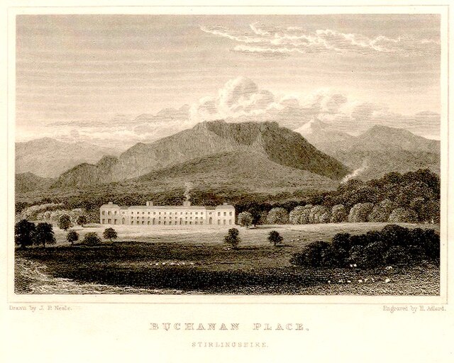Buchanan Place, ancestral seat of Dukes of Montrose, burn down in 1850s, rebuilt as Buchanan Castle by William Burn.
