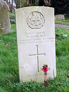 Standard lettering designed by MacDonald Gill on a war grave War Grave of Private D. Bygrave, St Mary's Church, Shephall (14655876868).jpg