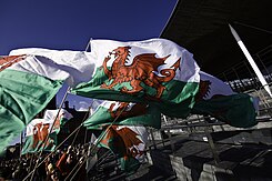 Welsh flags flown outside the Senedd building on Saint David's Day in 2009 Welsh flags, Senedd, St David's Day Baner Cymru, Senedd, Dydd Gwyl Dewi 2009 (3678627380).jpg