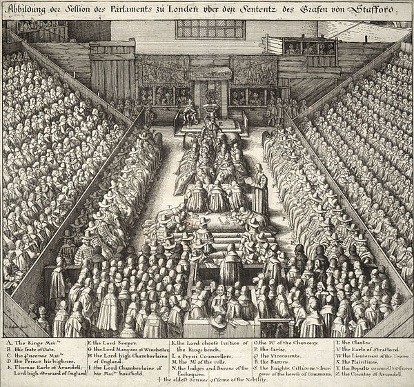 Detailed engraving of trial of Strafford by Wenceslas Hollar, labelling various people who were present