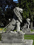 Pool of water flanked by lions