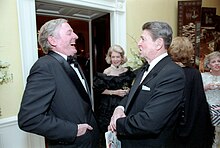 Buckley with President Ronald Reagan at Reagan's birthday celebration, 1986 William Buckley and Ronald Reagan.jpg