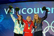 Medal Ceremony at the Vancouver 2010 Winter Olympics. From left to right: Tina Maze of Slovenia (silver), Andrea Fischbacher of Austria (gold) and Lindsey Vonn of the United States (bronze) (20 February 2010)