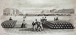 The Grand Store, Woolwich, in 1841: cannons and shot were routinely stored in the open, while gun carriages and other perishable items were kept indoors. Woolwich, Royal Arsenal, J Hinchcliff 1841 LMA.jpg