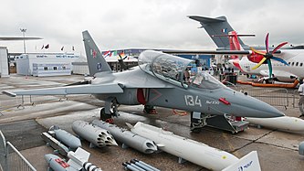 English: Russian Air Force Yakovlev Yak-130 (reg. 134 White, c/n 13012101) at Paris Air Show 2013. Deutsch: Russische Luftwaffe - Yakovlev Yak-130 (Reg. 134 Weiß, c/n 13012101) während der Paris Air Show 2013