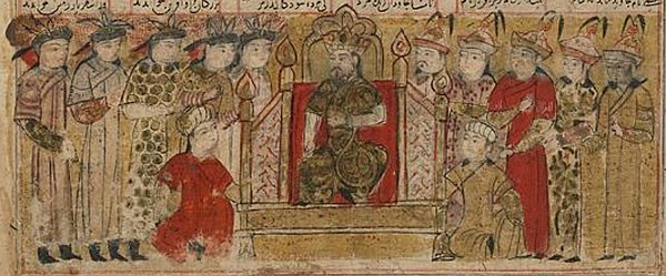 14th-century Shahnameh illustration of the coronation of Yazdegerd III, who is incorrectly portrayed as an adult.