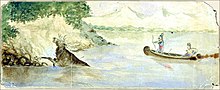 Indigenous peoples would often hunt while floating in canoes. (Indians in canoe hunting moose).jpg