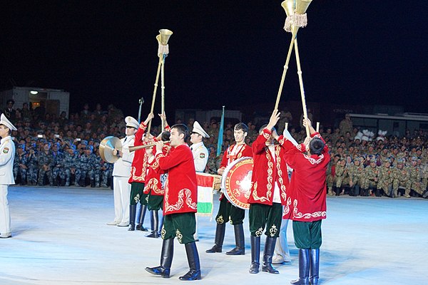 A Tajik military band with Karnays at a military tattoo at Zhurihe Training Base in China, 2014.