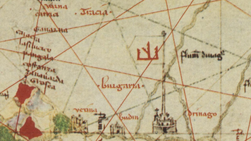 Flag of the Shishman dynasty west of Vidin on a map (dated 1325–1340) by Angelino Dalorto
