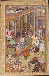 Akbar greeting Hindu Rajput rulers and other nobles at court, he attempted to foster communal harmony between Hindus and Muslims. 1577-Akbar greeting Rajput rulers and other nobles at court-Akbarnama.jpg