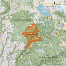 A map of the Storrie Fire, showing its spread northeast up the Feather River Canyon through Plumas and Lassen National Forests.