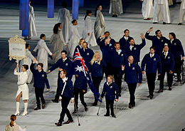 The Australian Team marches at the Opening Ceremony of the Sochi 2014 Paralympic Winter Games, led by flagbearer Cameron Rahles-Rahbula. 2014 Opening ceremony.jpg
