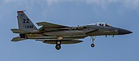 A US Air Force F-15C Eagle, tail number 81-0032, on final approach at Kadena Air Base in Okinawa, Japan.