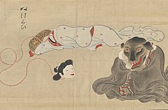 22 Nukekubi (ぬけくび) are female yōkai whose heads detach from their bodies at night to hunt and prey on human blood. Their heads can either detach completely or remain attached by a string-like neck.[56] They are a variation of the Rokurokubi (轆轤首) yōkai.[56] Nukekubi are ordinary women by day but bloodthirsty hunters at night, all without their knowledge. Their methods of hunting include sucking their victims' blood or biting them.[57] The curse of Nukekubi is often spread from mothers to daughters, and there is no certain cure.[57] Stories of the Nukekubi appear as early as the Heian period.[58][56]
