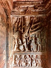7th century Trivikrama, Vishnu avatar Vamana legend in Cave 2, Badami Hindu cave temple Karnataka.jpg