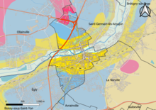 Carte montrant en couleurs le zonage géologique simplifié d'une commune