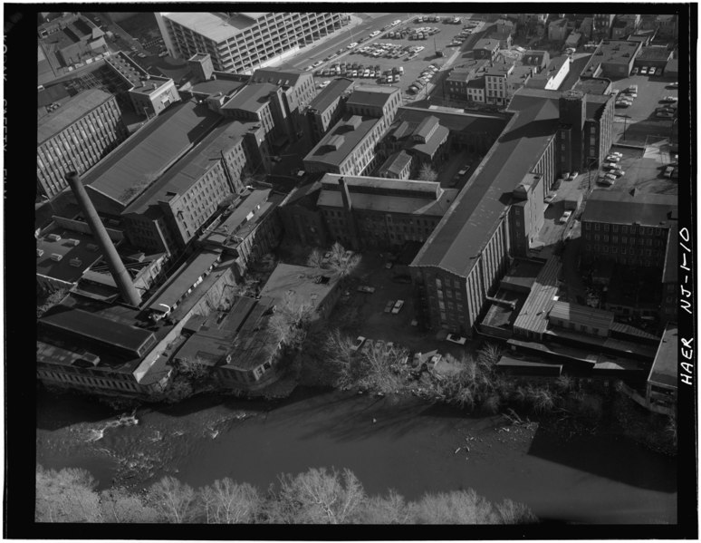 File:AERIAL VIEW LOOKING SOUTH SOUTHEAST SHOWING (from left) INDUSTRY MILL, HARMONY MILL, PHOENIX MILL, CONGDON MILL, TODD RAFFERTY MACHINE CO. - Great Falls-S. U. M. Historic District HAER NJ,16-PAT,15-10.tif