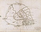 Portugese kaart van Ceylon uit 1606, met het noorden links en Batticaloa aan de oostkust boven.