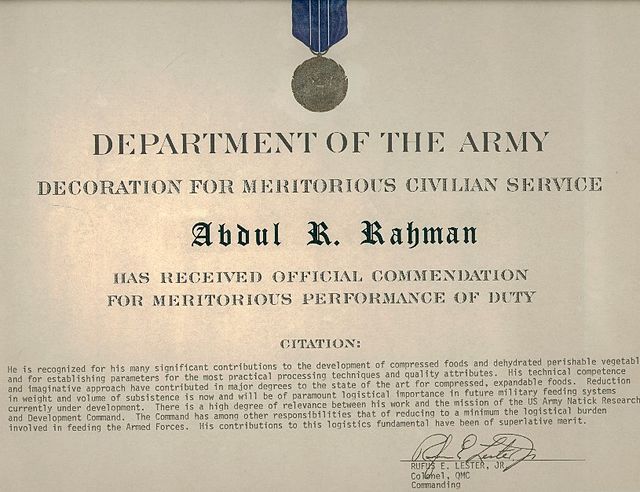 Meritorious Civilian Service Award presented to Abdul Rahman, father of the modern day MRE