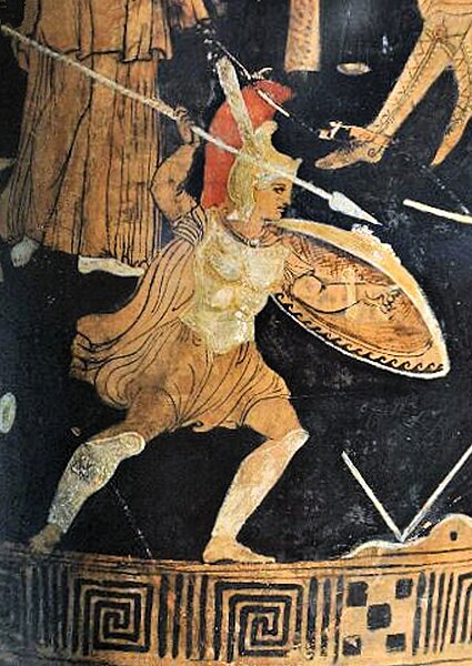 Achilles during the Trojan War, as depicted in an ancient Greek polychromatic pottery painting (dating to c. 300 BC).
