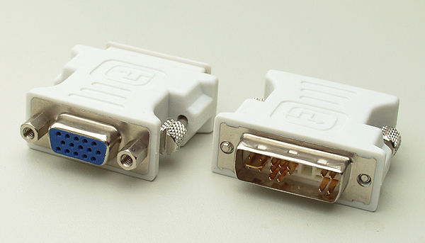 A passive DVI-to-VGA adapter. This adapter will not work with a DVI-D output. It requires a DVI-I or DVI-A output to get the analog signal to a VGA in