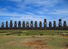 All the fifteen standing moai of Ahu Tongariki. Ahu-Tongariki-2013.jpg